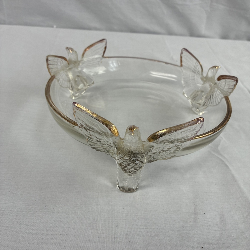 Jeannette 22k Gold Trim 3 Eagle Footed Glass Dish Candy Bowl Vintage 7in